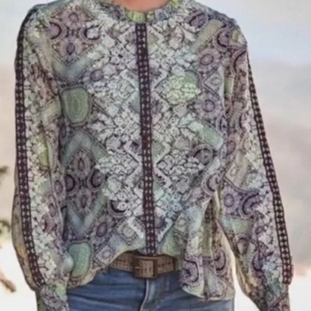 Sundance Victorian Charms Cupro Sheer‎ Embroidered Blouse XS Boho Romantic